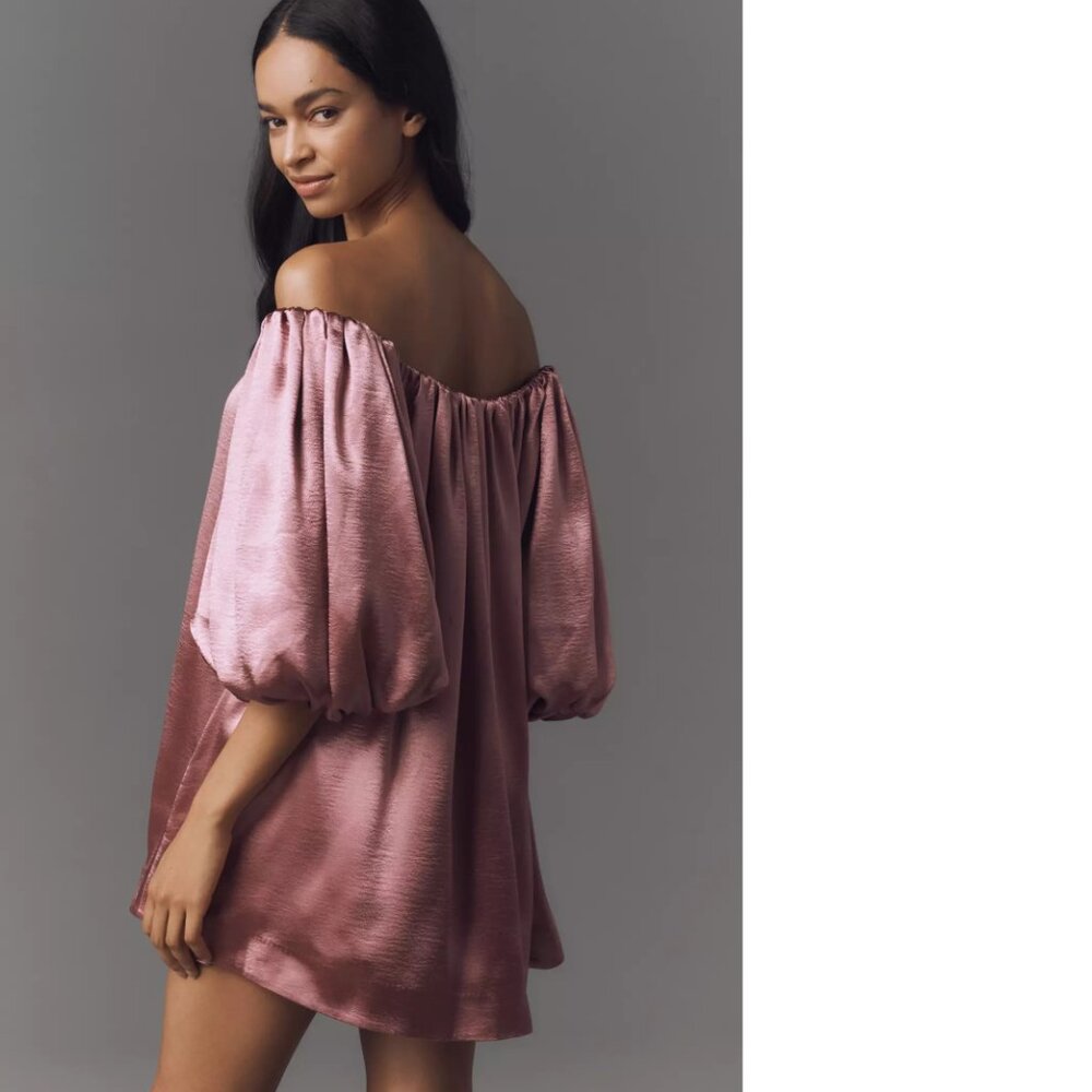 Anthropologie Mare Mare Off-The-Shoulder Puff-Sleeve Shine Mini Dress MP PM new - Picture 4 of 7